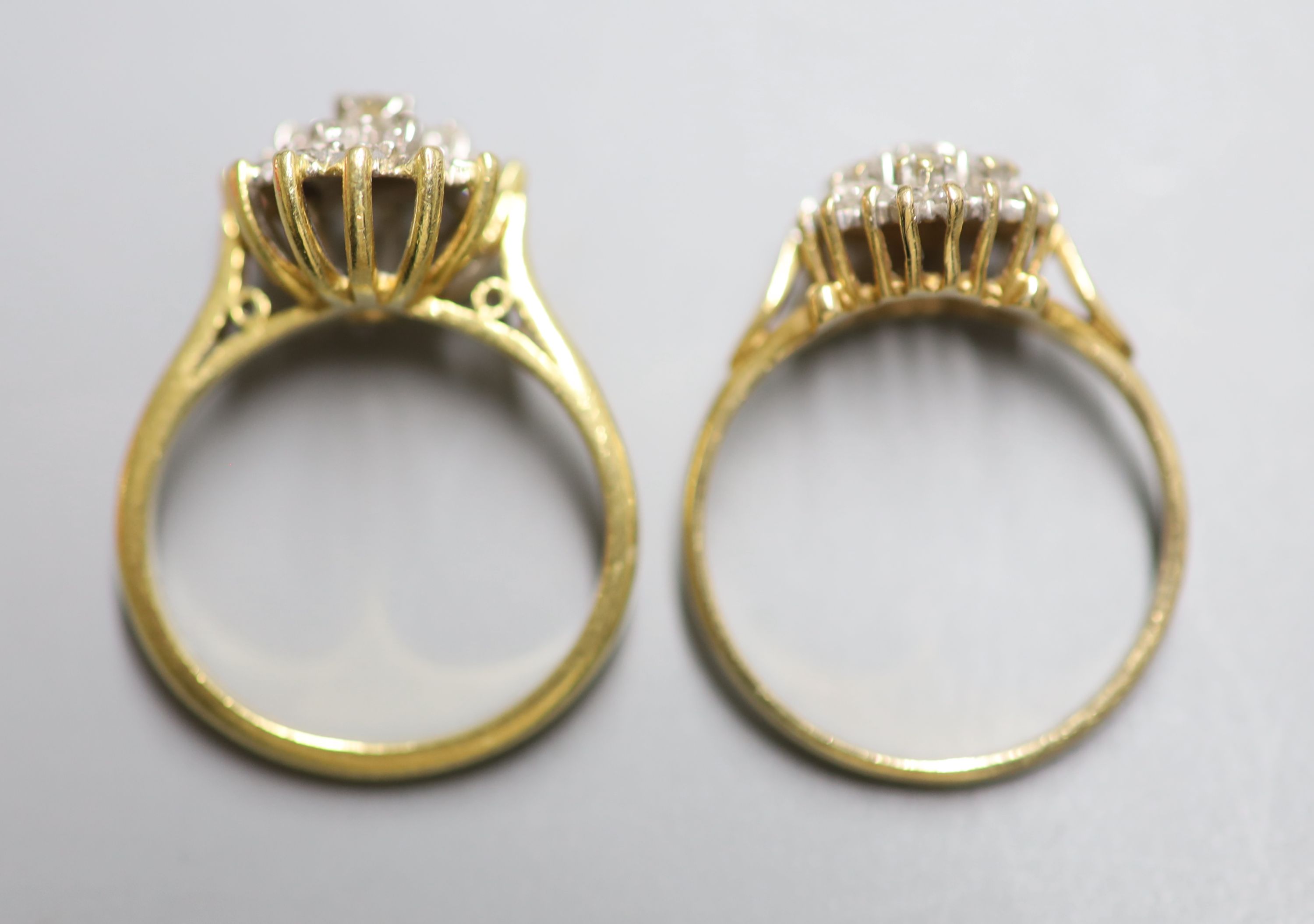 Two modern 18ct gold and diamond cluster dress rings, sizes J/K & N, gross weight 7.4 grams.